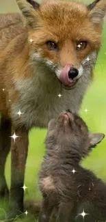 Fox and kit sharing a tender moment in a lush green forest.