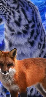 A vibrant red fox with a majestic leopard in a fantasy-themed wallpaper.