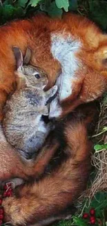 Fox cuddling a rabbit among green leaves and red berries.