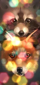 Artistic illustration of a fox and raccoon in vibrant colors.