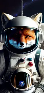 Fox in astronaut suit on the moon with starry space background.