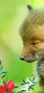 Adorable fox cub in lush green foliage.