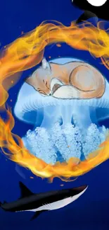 A fox sleeps on a jellyfish, surrounded by fire ring in a blue ocean.