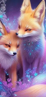 Fantasy wallpaper of two enchanting foxes with purple flowers.