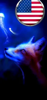 A fox admiring a glowing jellyfish in a blue-themed wallpaper.