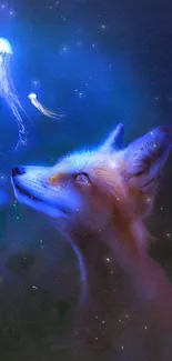 Fox gazing at a glowing blue jellyfish in a mystical night scene.