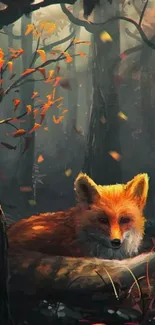 Fox rests in an enchanted autumn forest, surrounded by leaves.