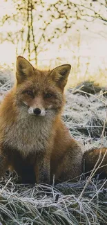 A red fox sits on frosty grass in a sunlit autumn landscape.