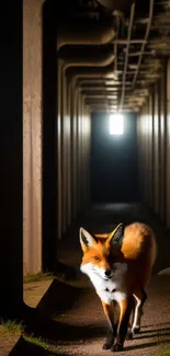 Fox in an industrial corridor with striking lighting.