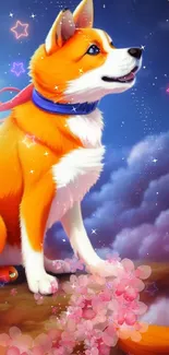 Whimsical orange fox under a starry night sky in a fantasy setting.