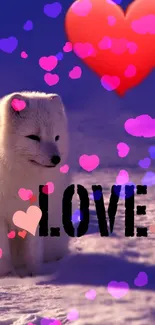 Cute white fox with colorful hearts on a dark violet background.