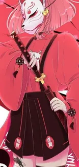 Stylish anime warrior with mask holding sword, cherry blossom background.