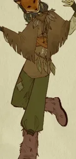 Whimsical character with a fox mask in earthy tones.