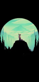 Serene wallpaper of a fox sitting on a mountain with teal sky and forest background.