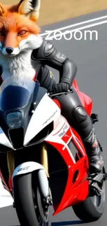 Fox-headed rider on a red sport bike zooming down a racetrack.