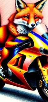 Artistic fox riding a bright motorcycle illustration.