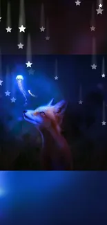 Fox under a starry night sky with glowing ambiance.