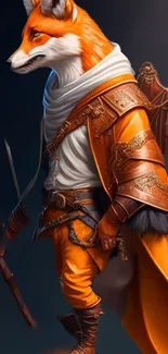 Illustrated fox warrior in orange cape for mobile wallpaper.