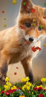 Fox amidst autumn leaves with colorful flowers.