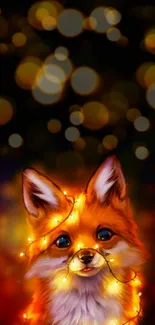 Cute fox with glowing fairy lights against a vibrant background.