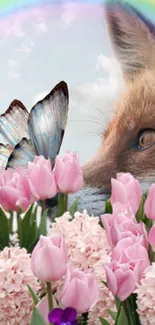 Fox and butterfly with flowers under a rainbow on mobile wallpaper.