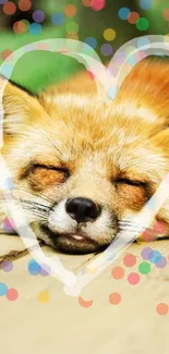 Sleeping fox with heart overlay in nature.