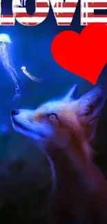 Fox admiring a glowing jellyfish under the word LOVE in a blue night scene.