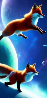 Two foxes leaping through a cosmic space scene with planets and stars.