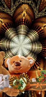 Teddy bears with fractal bouquet background.