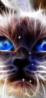 Fractal art cat with striking blue eyes on mobile wallpaper.