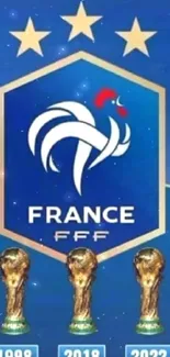 France football wallpaper with trophies from 1998, 2018, and 2022 on a blue background.