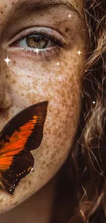 Freckled face with butterfly on lips, artistic portrait wallpaper in brown tones.