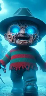 Freddy Krueger cartoon character with glowing blue eyes in an industrial setting.