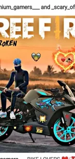 Free Fire themed wallpaper with vibrant motorbike and sunset background.