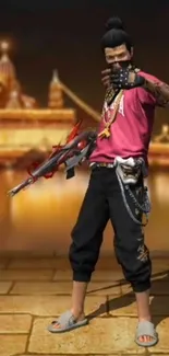 Free Fire character stands with a weapon in a city backdrop.