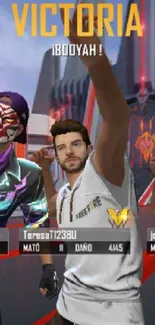 Free Fire game characters celebrating a victory in a colorful digital arena.