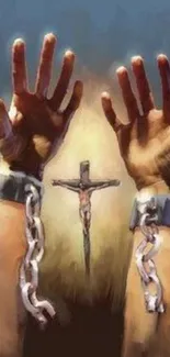 Hands breaking chains with a cross in the center.