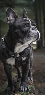 French Bulldog on forest path, surrounded by trees.