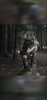 French Bulldog standing on a forest path, surrounded by trees.