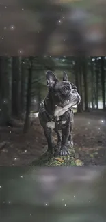 French Bulldog standing on a log in a misty forest.