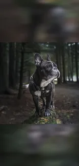 French Bulldog standing in a lush forest setting, exuding calmness.