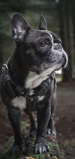 French Bulldog posing in a lush forest setting, capturing a contemplative mood.