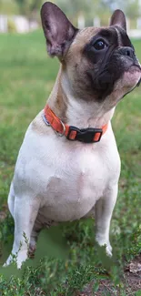 French Bulldog with orange collar on green grass.