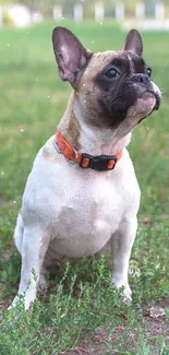 French Bulldog sitting on green grass in a natural outdoor setting.