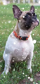 French Bulldog on grass with snowflakes falling around.