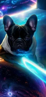 French Bulldog in a cosmic galaxy scene with vibrant blue hues.