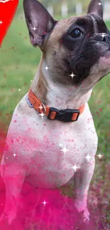 French Bulldog with pink sparkles on grassy background.