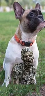 French Bulldog with a zombie design on a grassy field.