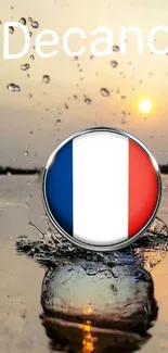 Dynamic splash with French flag and sunset background.