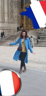 French landmark with tricolor flag and architecture.